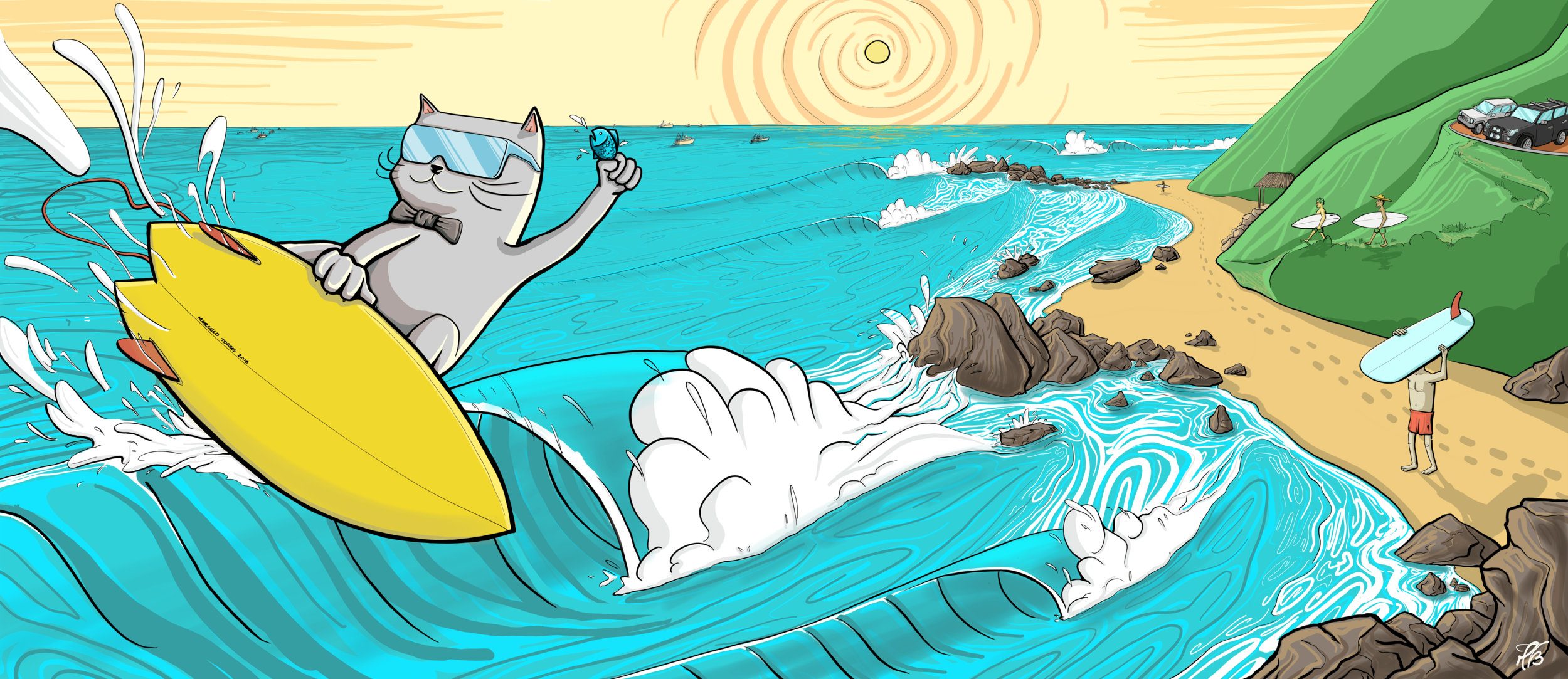 El Gato mural, surf cat riding a wave