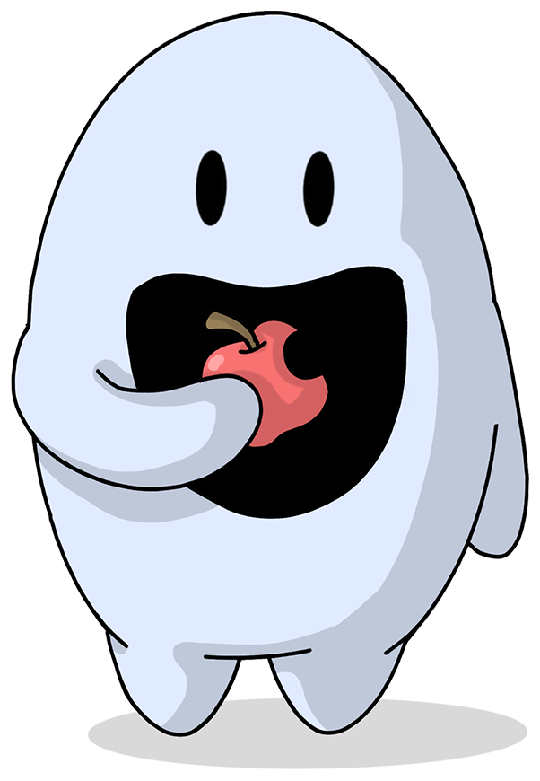 Fantasmin, a small pale ghost, eating an apple