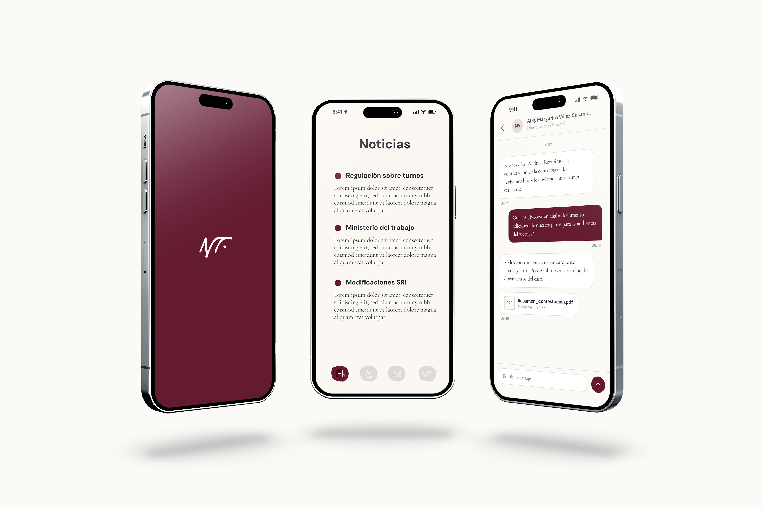 Noboa Torres app on three phones: the wine splash screen with the NT monogram, a news feed, and a case chat with a lawyer