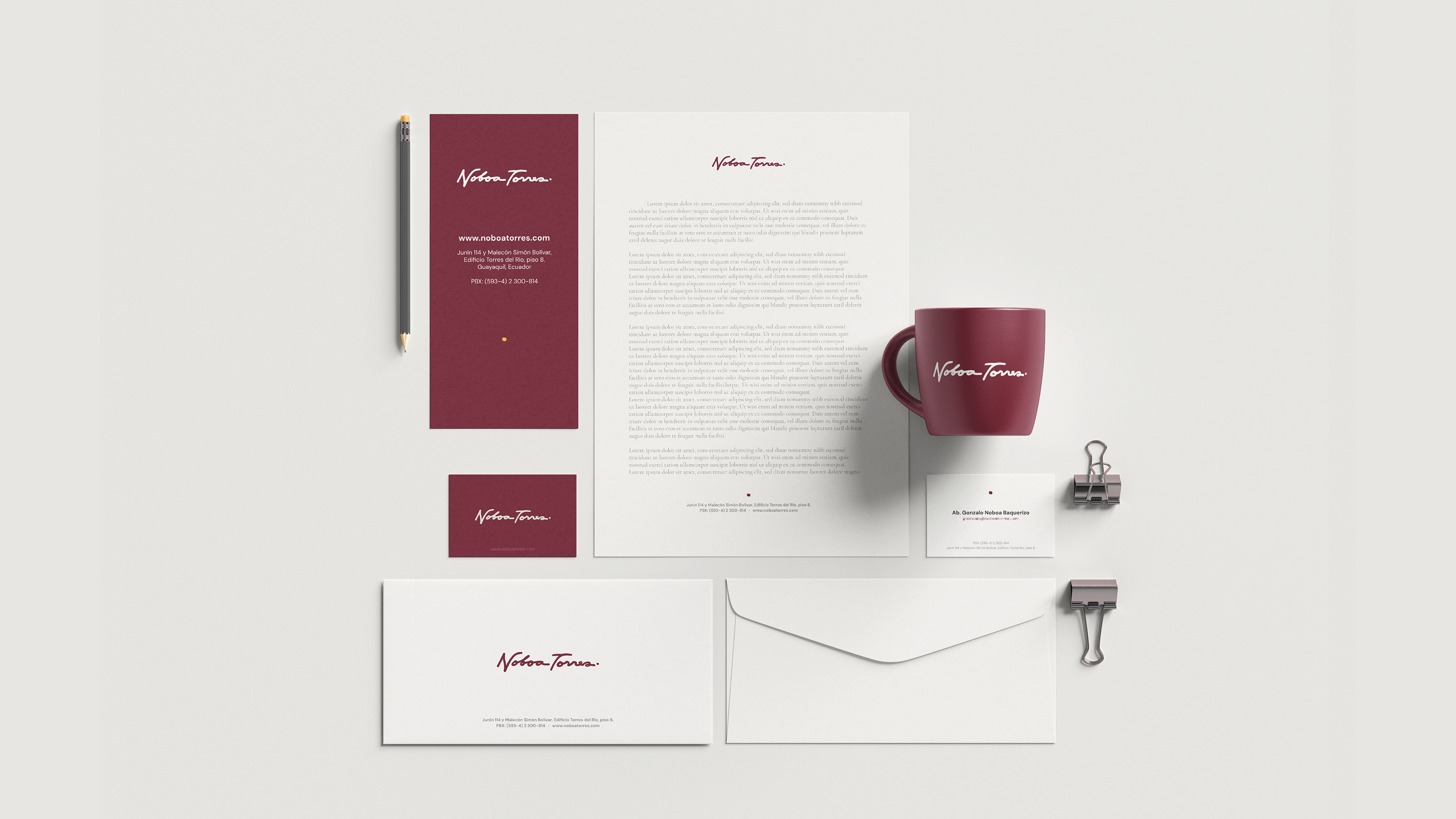 Noboa Torres stationery: letterhead, business cards, envelopes and mug