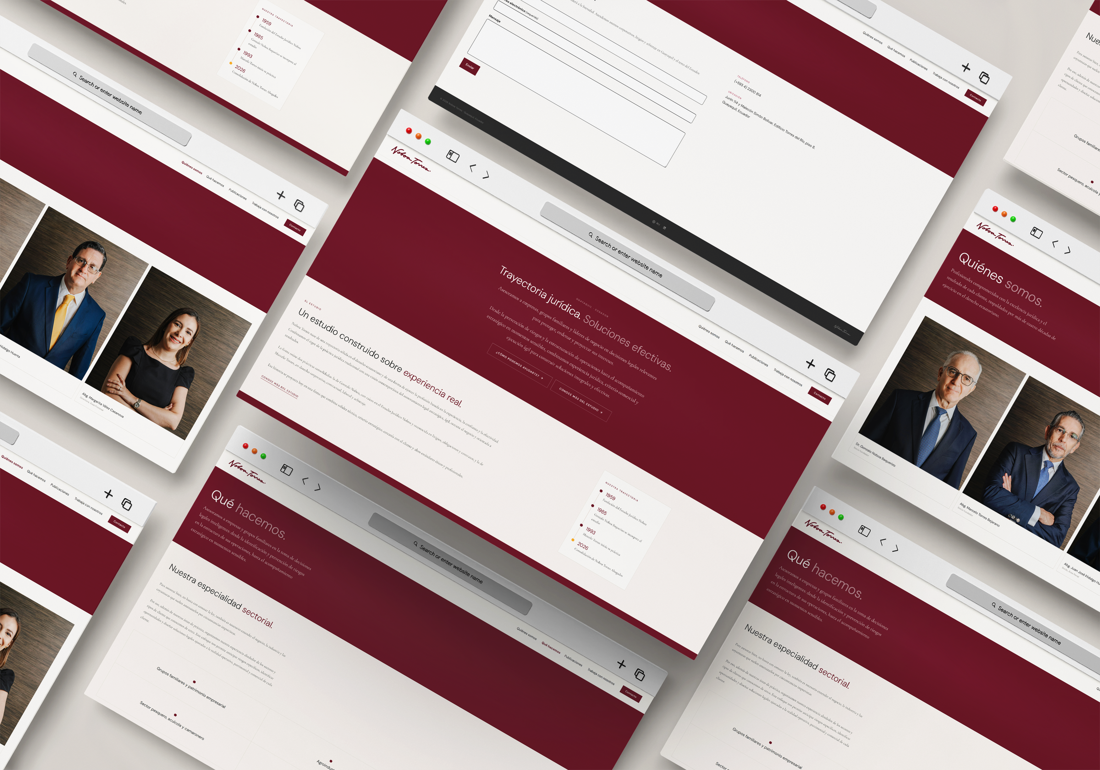 Noboa Torres website screens laid out as a wall: home, trajectory, services and team pages in wine and cream