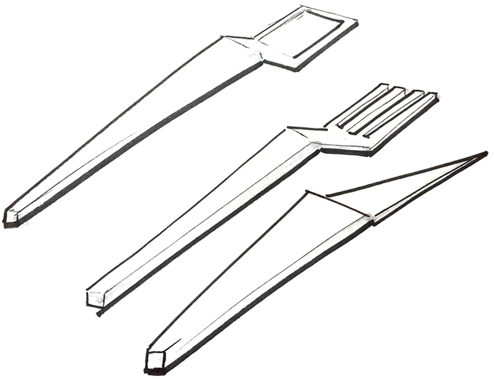 Line drawing of a faceted knife, fork and spoon set