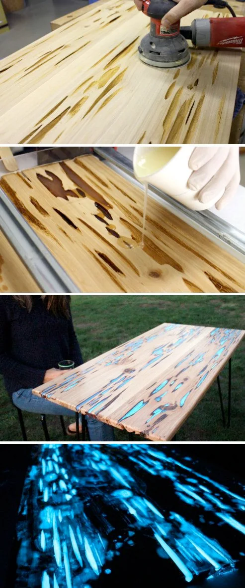Moodboard reference: wood planks with glowing blue resin veins