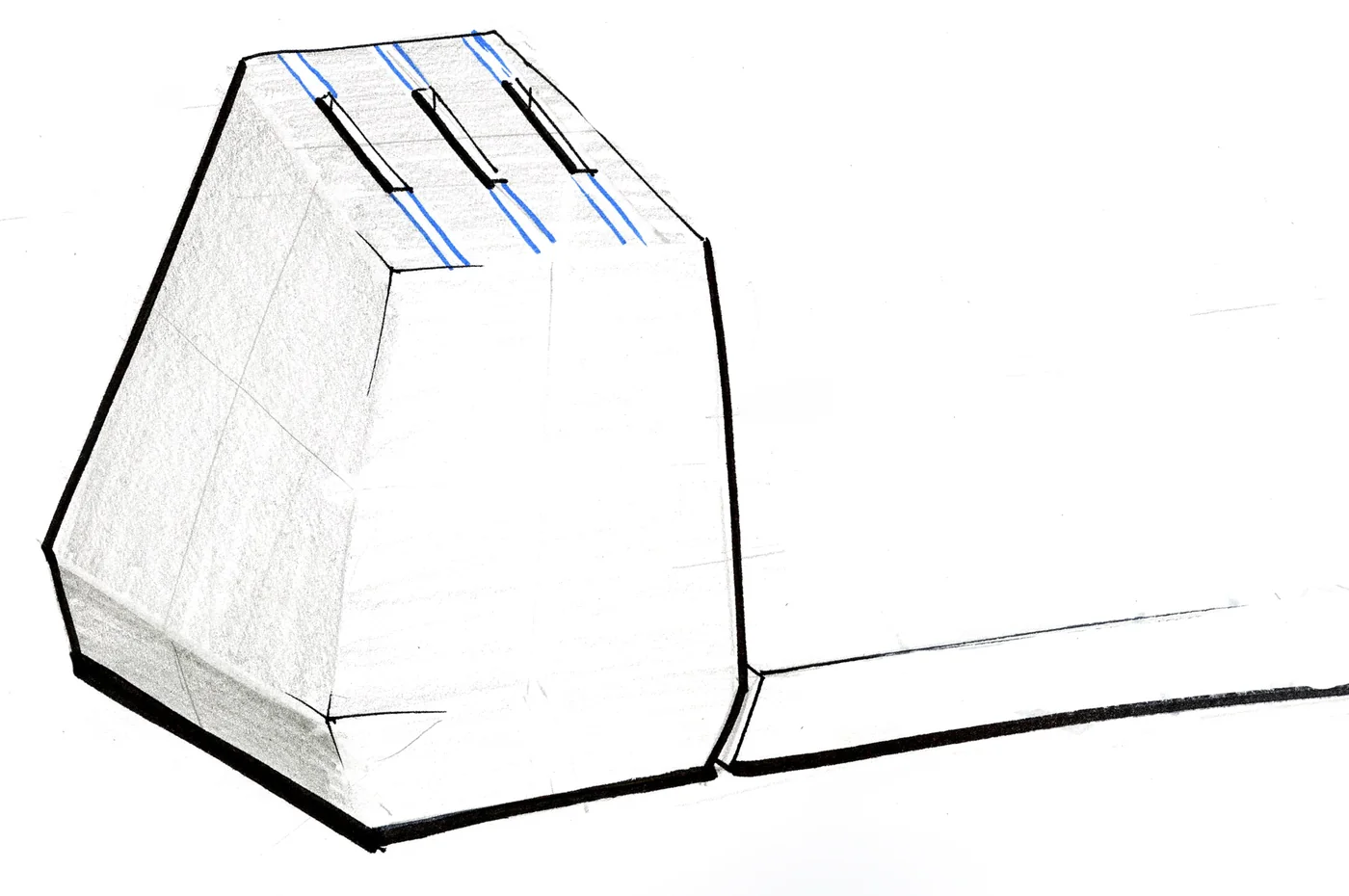 Sketch of the knife block with its slots marked in blue