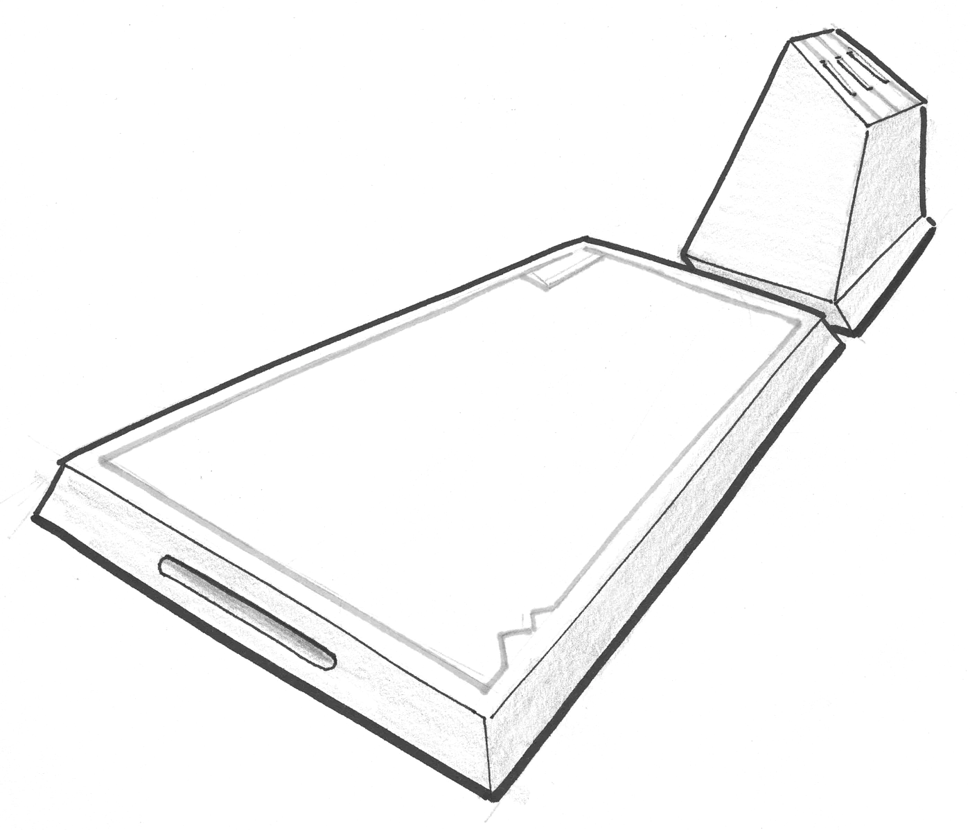 Pencil sketch of the cutting board with the block docked at its corner