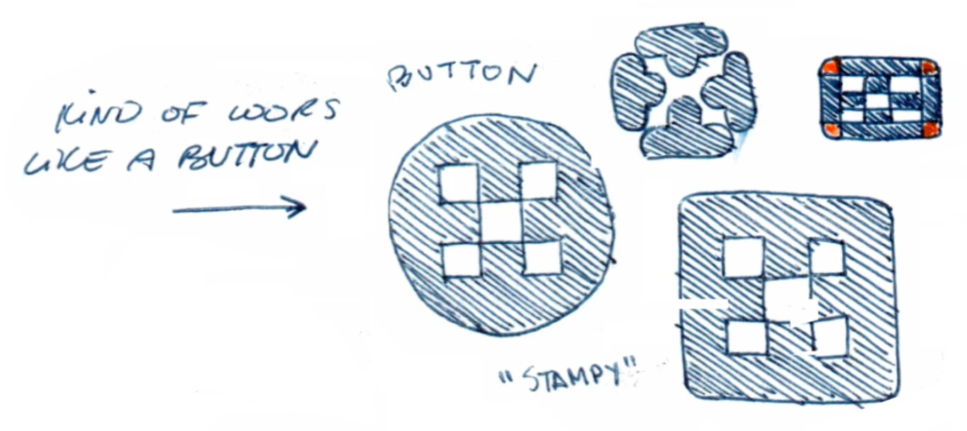 Rogue logo sketch: button and stamp icon cluster