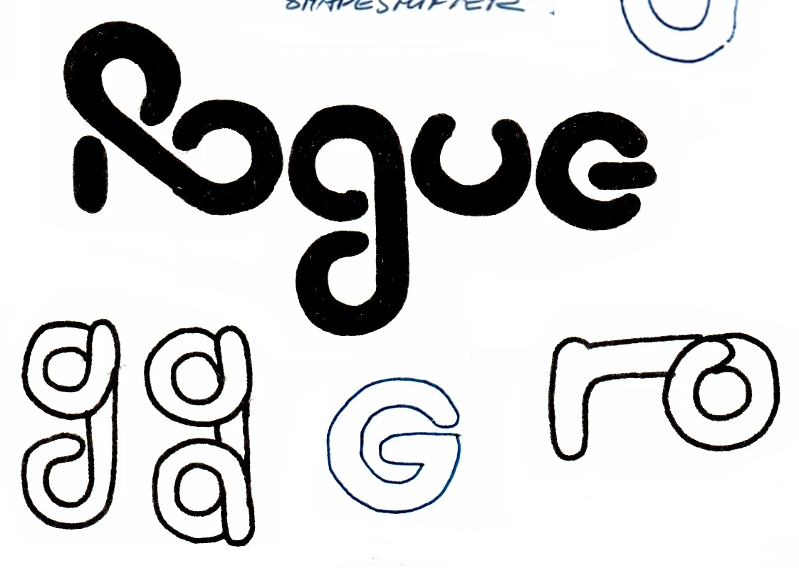 Rogue logo sketch: bubble Rogue letter studies