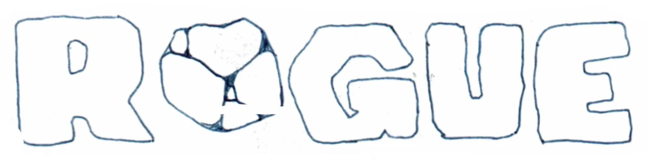 Rogue logo sketch: cracked-stone bubble ROGUE