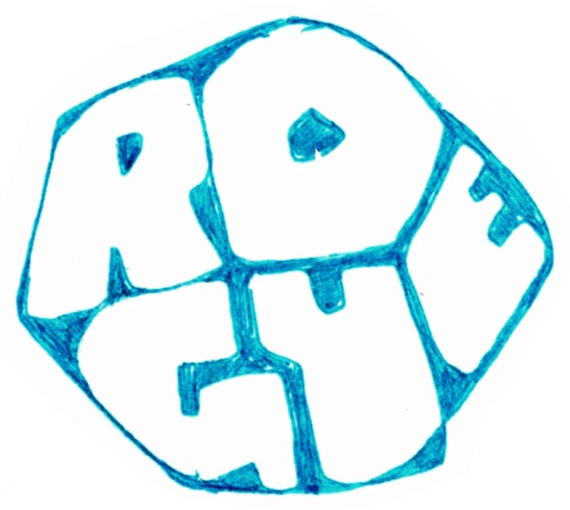 Rogue logo sketch: blue faceted geode ROGUE ball
