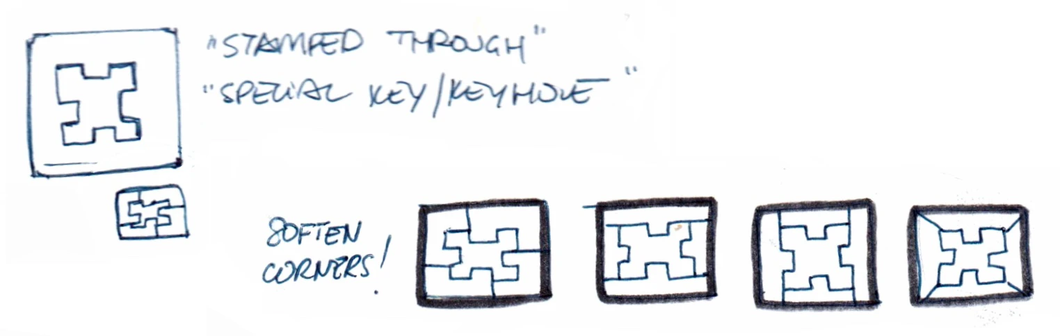 Rogue logo sketch: keyhole stamped-through cluster