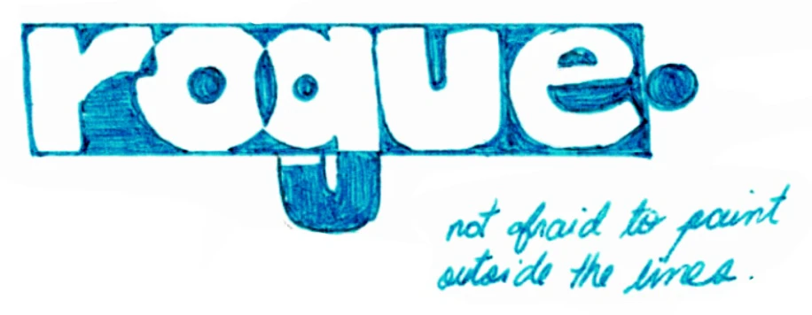 Rogue logo sketch: blue rogue with note