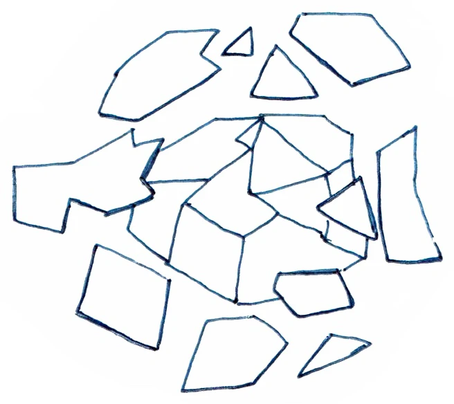 Rogue logo sketch: shattered fragments scatter