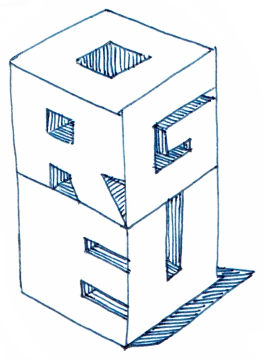 Rogue logo sketch: tall stacked-cube ROGUE tower