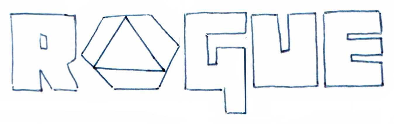 Rogue logo sketch: outline ROGUE with triangular O
